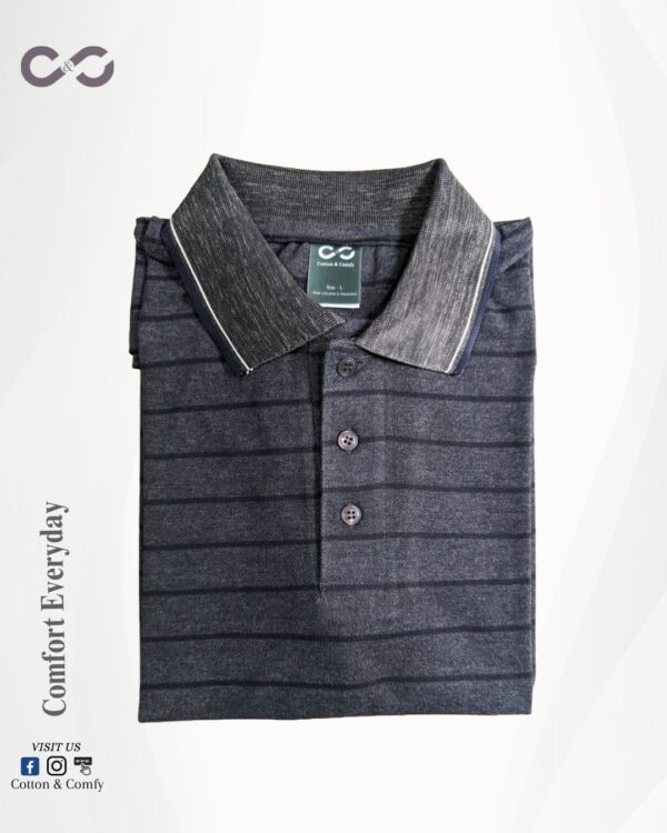 Premium Cotton Polo – Deep Ash (Striped)