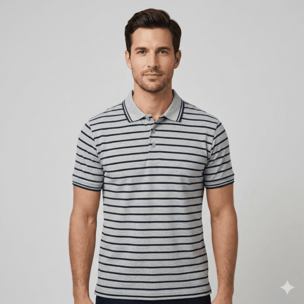 Premium Cotton Polo – Ash (Striped)