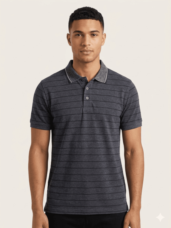 Premium Cotton Polo – Deep Ash (Striped)